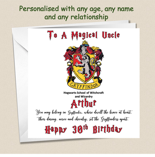 Personalised Gryffindor (Harry Potter Inspired) Birthday Card For Him