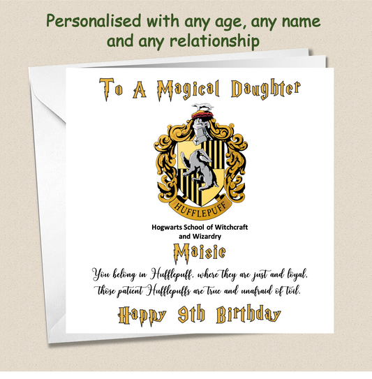Personalised Hufflepuff (Harry Potter Inspired) Birthday Card Kids