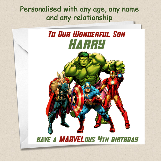 Personalised Marvel Characters Birthday Card - age 4 - 8