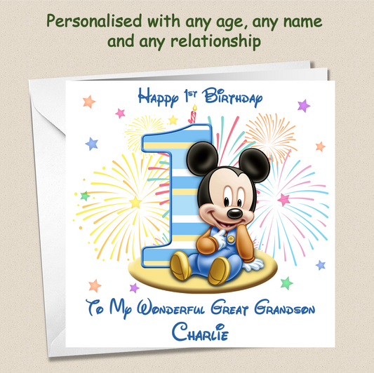 Personalised Mickey Mouse Birthday Card - 1st Birthday