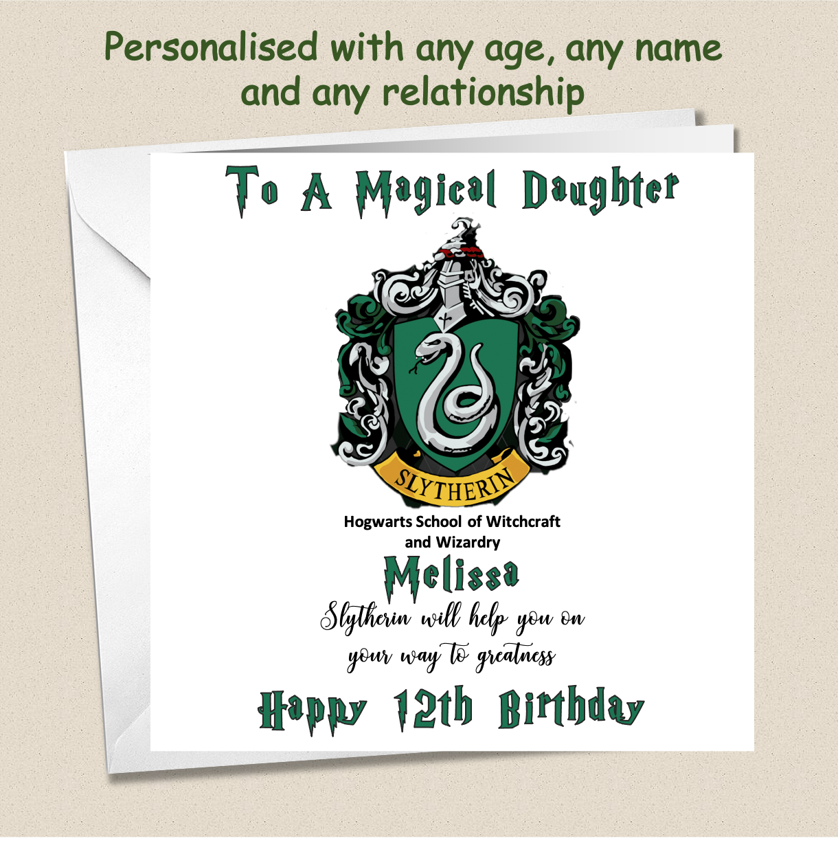 A personalised Slytherin birthday card, with Slytherin logo and motto, all in Harry Potter font.