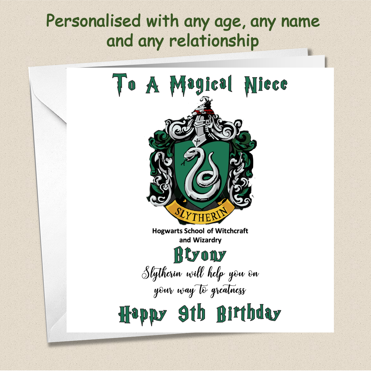 A personalised Slytherin birthday card, with Slytherin logo and motto, all in Harry Potter font.